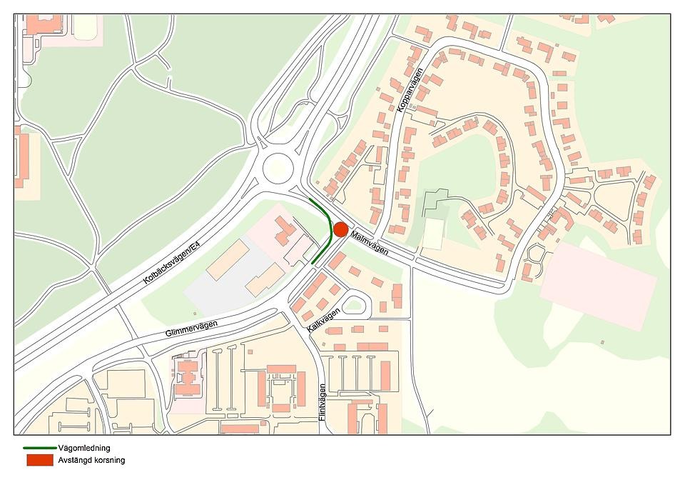 Karta som visar en tillfällig väg bredvid Glimmervägen under vecka 26-28.