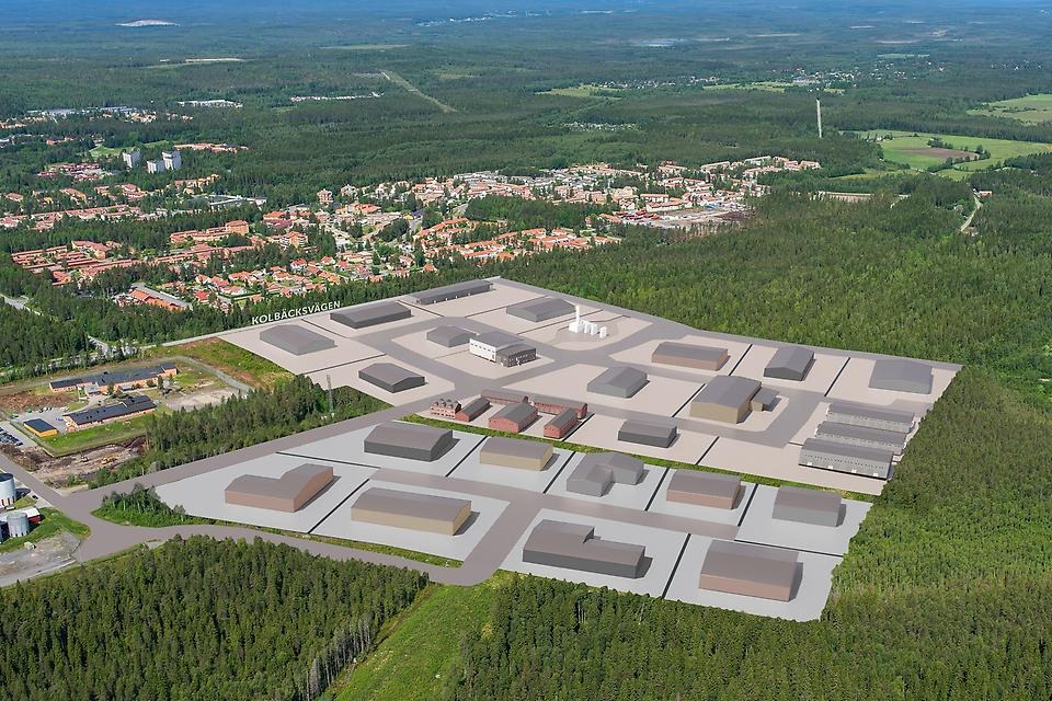 Flygfoto med en 3D-illustration som visar byggnadsvolymer på de tänkta tomterna för verksamheter på Östra Ersboda. 