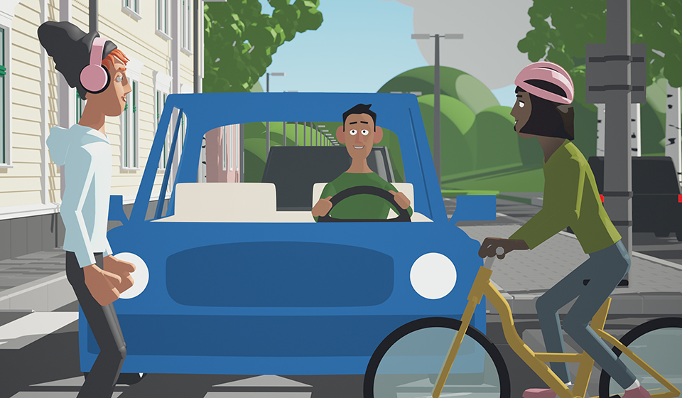 illustration där tre personer möts i trafiken, en gående, en cyklist och en bilist.