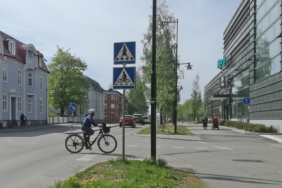 en person cyklar på cykelöverfarten, bilar, gata, hus