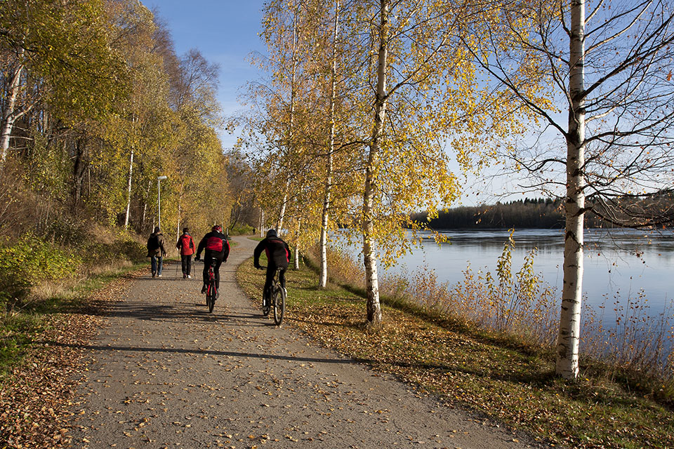 Två personer som promenerar och två som cyklar längs Umeälven.