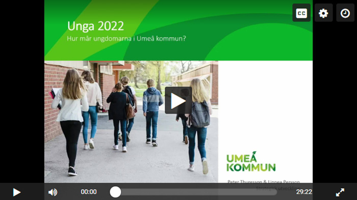 Unga personer i promenerar utomhus med texten: Unga 2022 - Hur mår ungdomarna i Umeå kommun? 