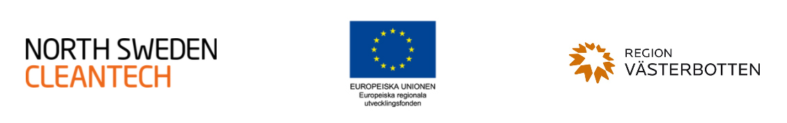 Logotyper för de som står bakom projektet: North Sweden Cleantech, Europeiska regionala utvecklingsfonden och Region Västerbotten.