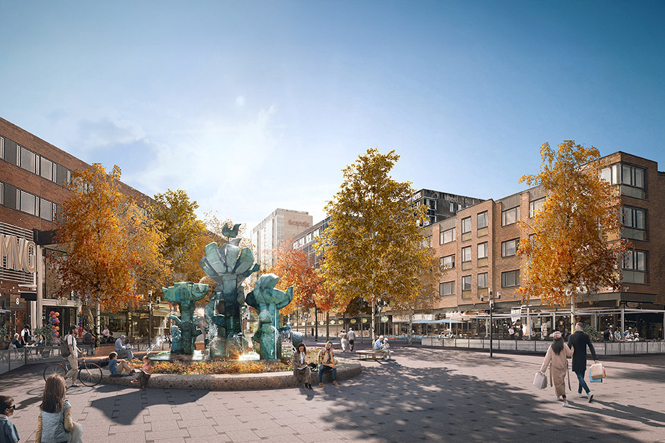 Illustration på en framtida utformning av södra delen av torget, med Stig Lindbergs fontän till vänster.