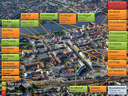 Flygfoto över centrala Umeå med pågående detaljplaner markerade.