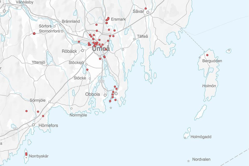Karta över 54 förorenade områden i riskklass 1 och 2 i Umeå kommun. 