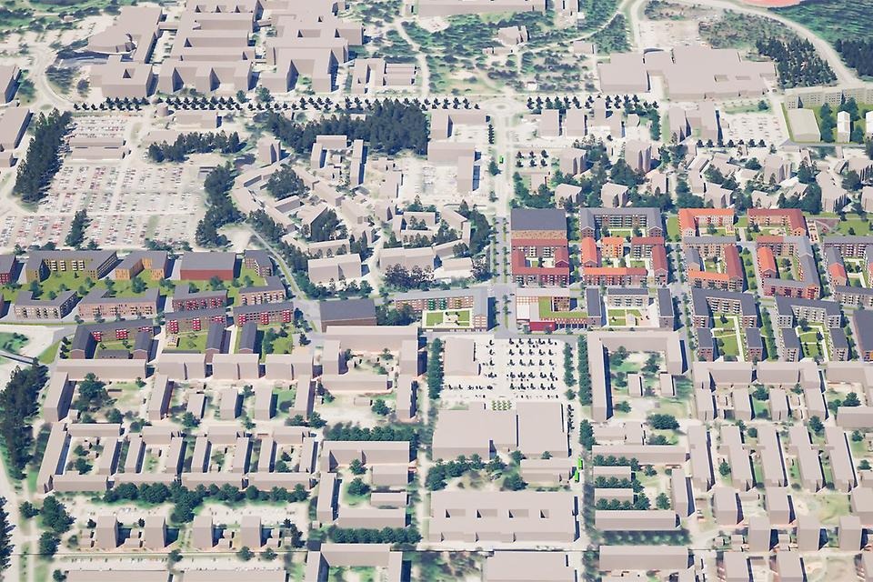 3D-illustration som visar flera nya bostadskvarter på ytor som idag är vägområden längs Ålidbacken.