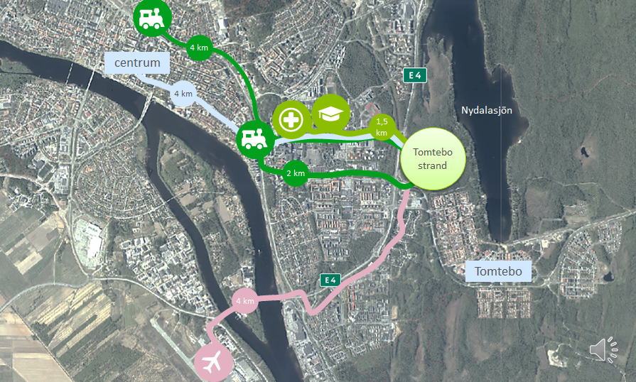 Enn illustration som visar avstånden från Tomtebo strand till viktiga målpunkter i Umeå.