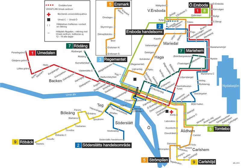 Karta över Umeås busslinjer för kollektivtrafik inom tätorten.