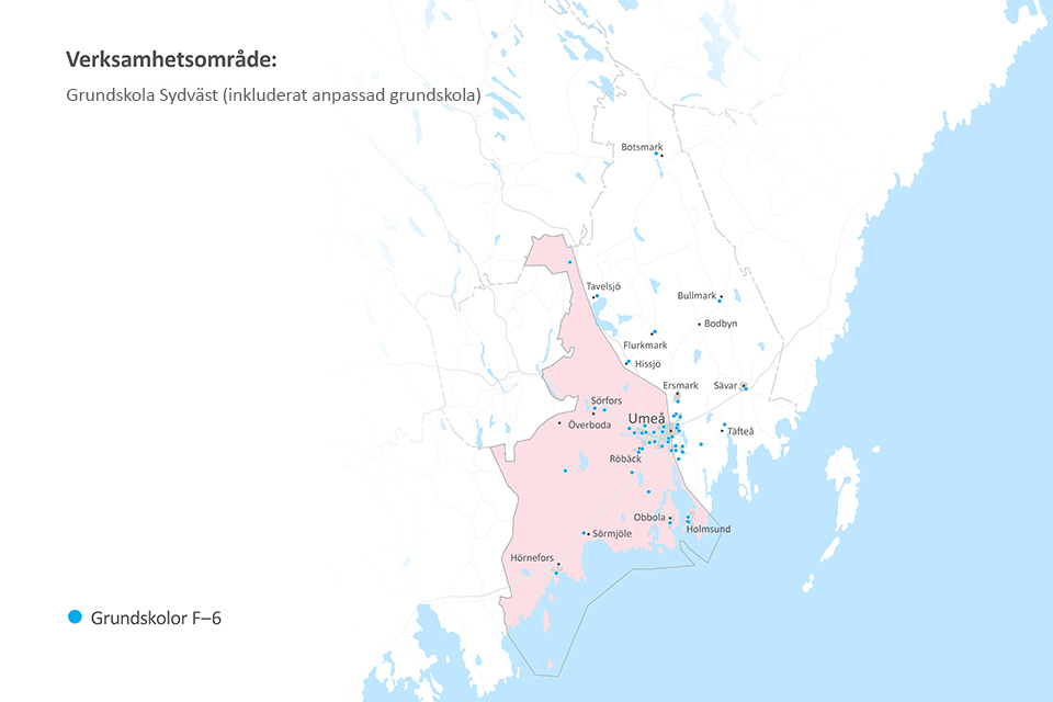 Karta över kommunala grundskolor F-6 i verksamhetsområde Sydväst.