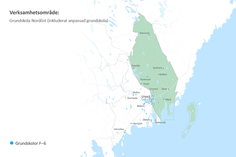 Karta över kommunala grundskolor F-6 i verksamhetsområde Nordöst.