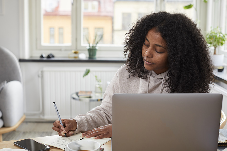 Image of a woman using a laptop in a home environment.