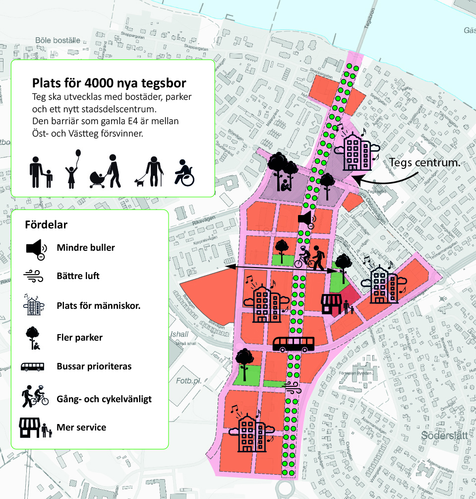 Karta som visar strukturplanen för Teg på en karta. På kartan finns illustrationer som visar att det blir mindre buller, bättre luft, plats för fler boende, fler parker och mer service. Illustrationen visar även att kollektivtrafik, gående och cyklister kommer att prioriteras. 