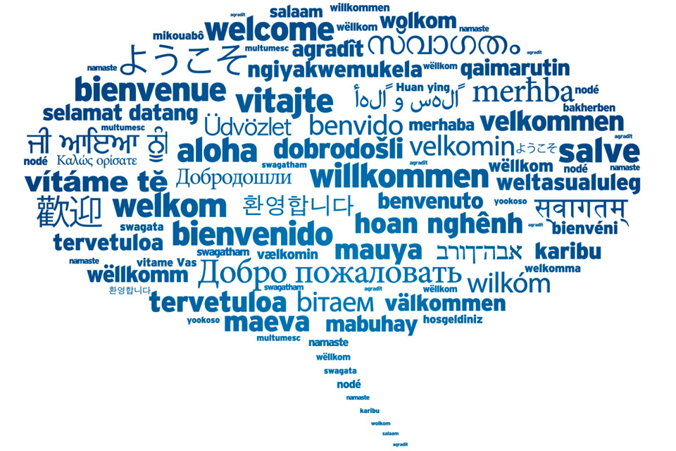 Pratbubbla formad av ordet "Välkommen" på olika språk