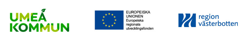 Logotyper för de samarbetande parterna: Umeå kommun, Europeiska regionala utvecklingsfonden och Region Västerbotten.