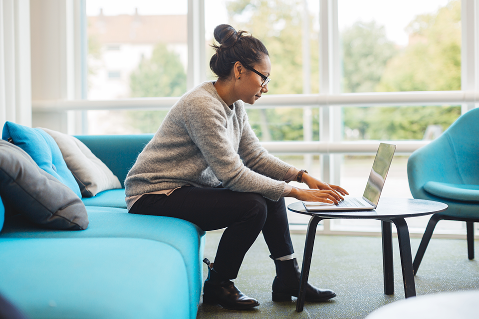Image of a woman using a laptop in a home environment.