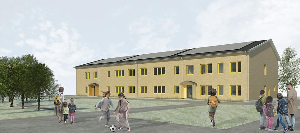 Illustration som visar den nya byggnaden vid Hedlundaskolan.