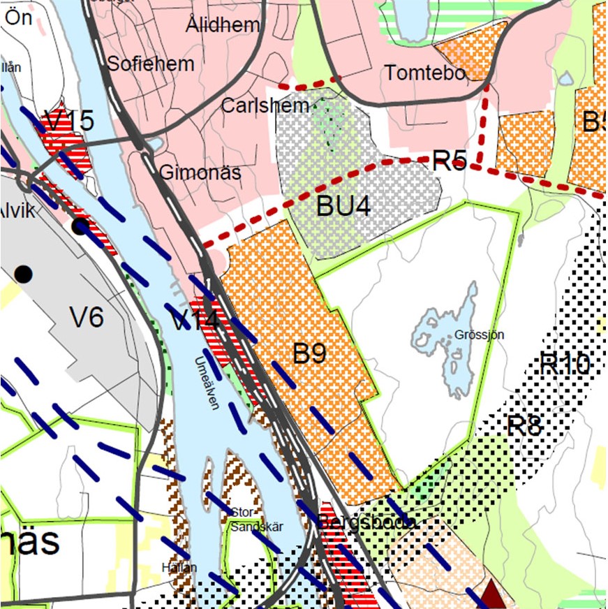 Bild över Tegelbruksberget (B9) ur Umeå kommuns fördjupade översiktsplan (FÖP)