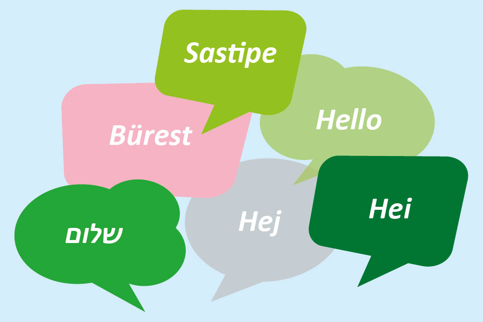 Pratbubblor med Hej på minoritetsspråken