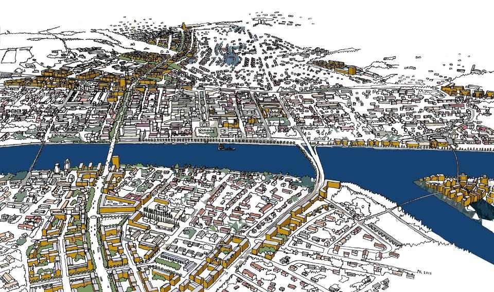 Illustration som visar centrala delarna av Umeå.
