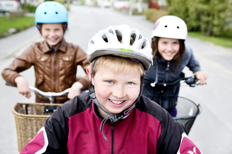 Barn och vuxna som cyklar på en cykelväg.