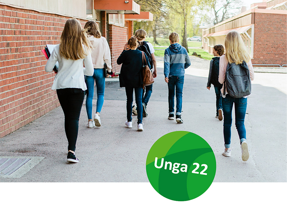 Ungdomar med böcker och ryggsäckar går över asfalterad yta vid tegelbyggnader, rund grön rundel med text "Unga 22"