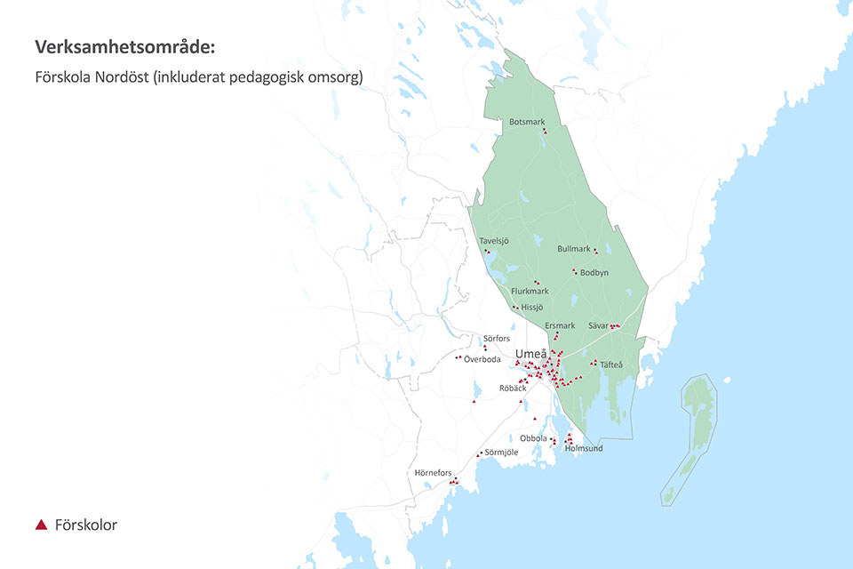 Karta över kommunala förskolors i verksamhetsområde Nordöst