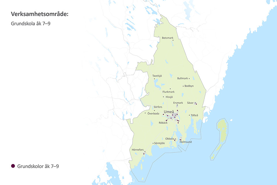 Karta över kommunala grundskolor årskurs 7-9 i Umeå kommun.