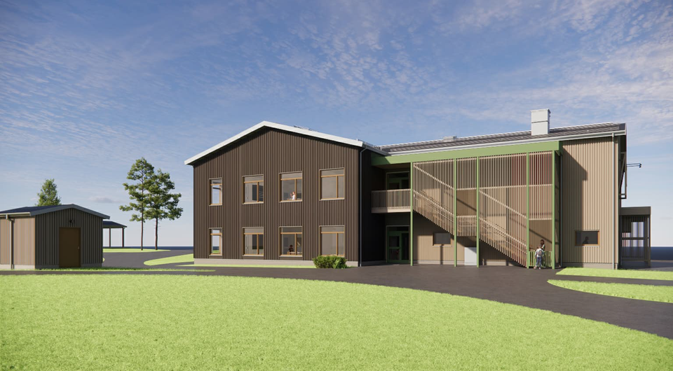 Fotorealistisk illustration av förskolebyggnad.