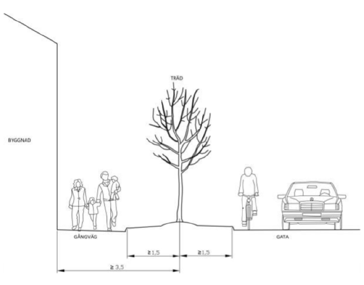 illustration på hur träden ska placeras i gaturummet