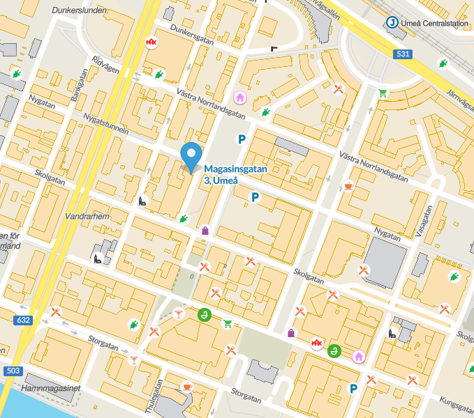 Karta till Magasinsgatan 3 Umeå.