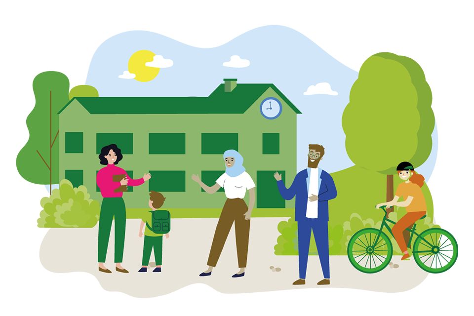 Illustration, barn och lärare på skolgård