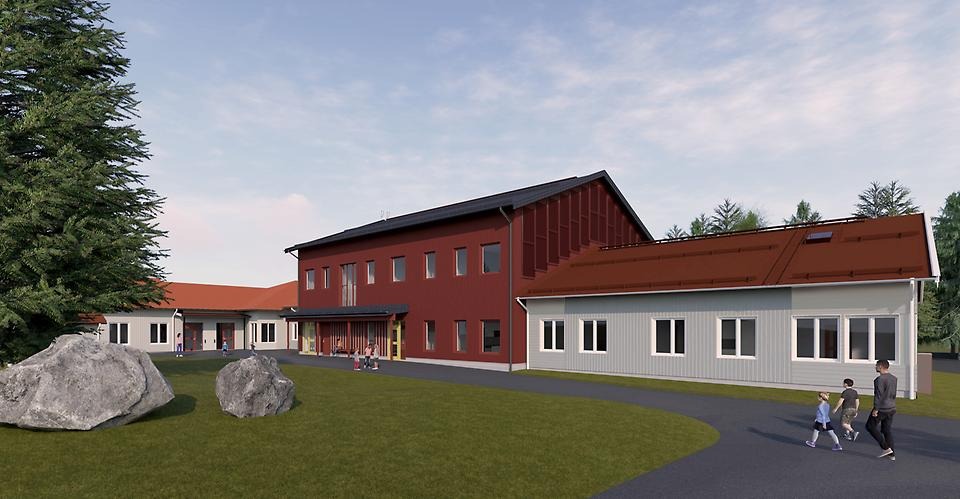 Illustration som visar den nya byggnaden vid Innertavle skolan. Illustration: Norconsult