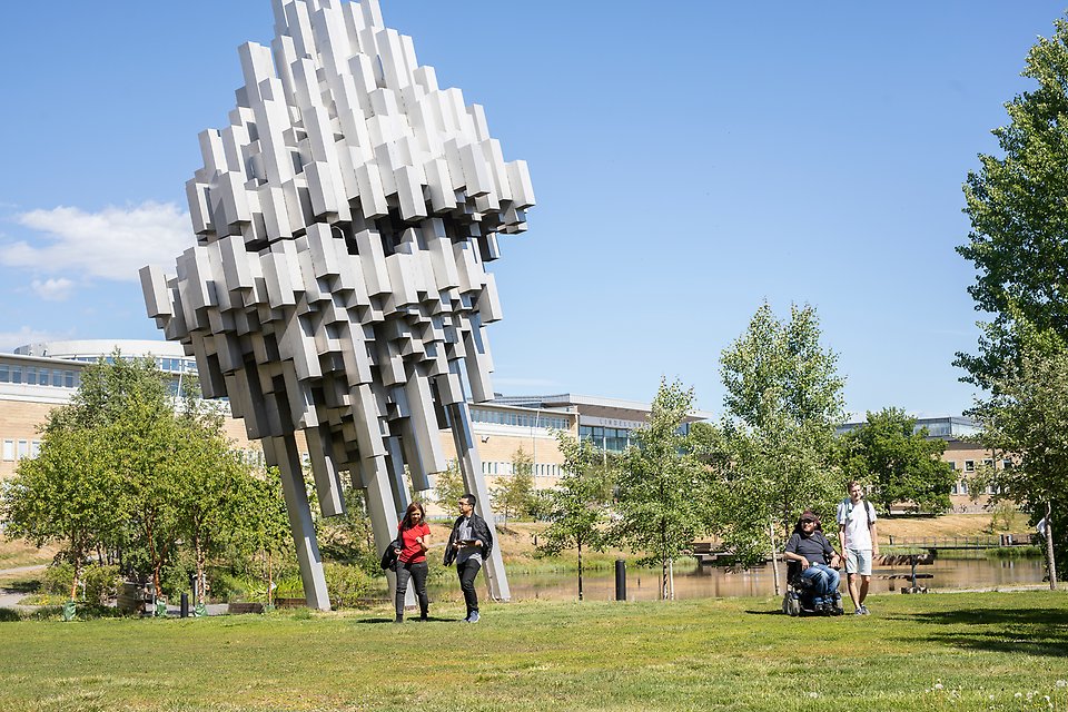 Universitetsdammen med skulpturen Norra Skenet i förgrunden.