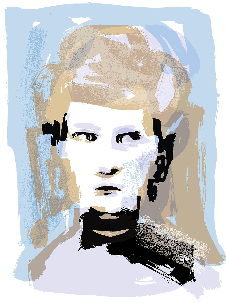 Porträtt av Anna Grönfeldt i rosa, blått, beige och svart.