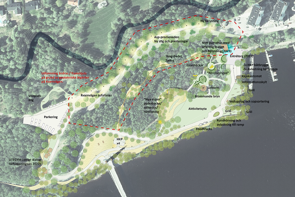 Flygfoto med ritning som visar området där parken vid Lundåkern byggs: träd, älv och små vägar syns. 
