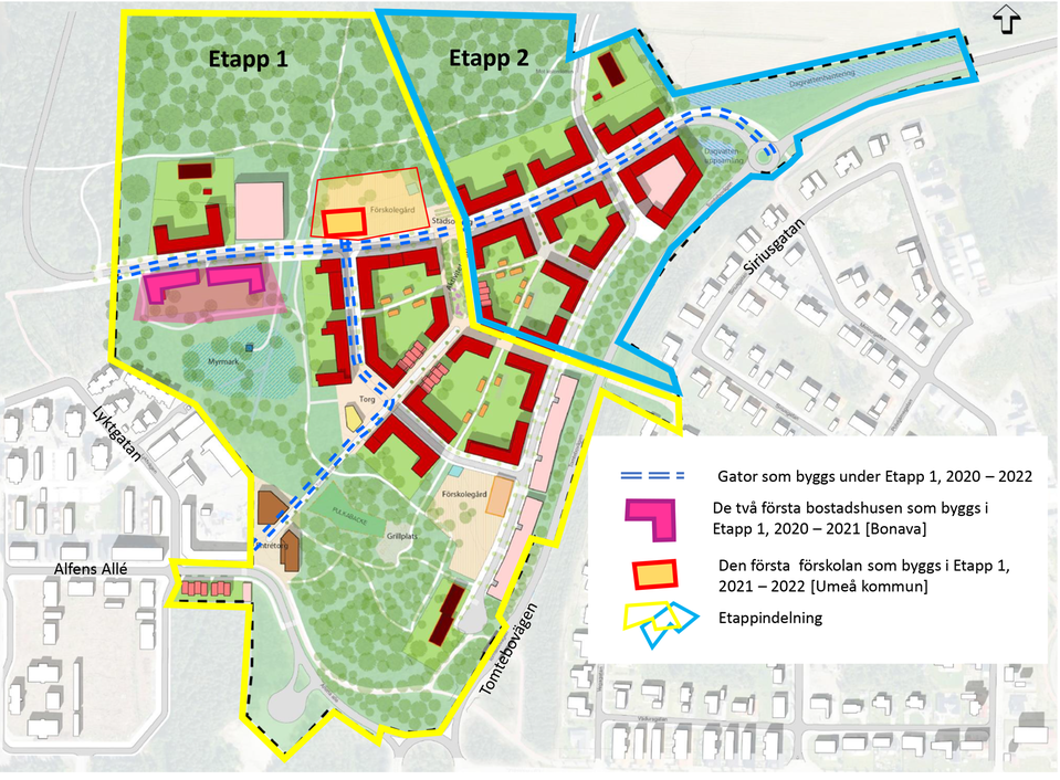 Etappindelningen av hur Tomtebo gård ska byggas ut