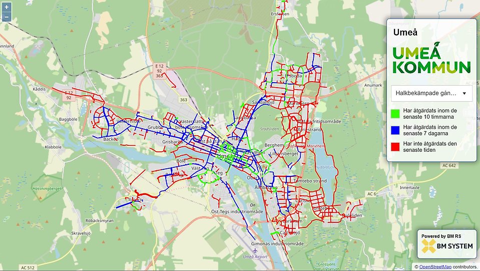 Bilden visar en karta med ett antal blåa, gröna och röda streck på. Den är klickbar, så om man klickar på den får man upp den aktuella plogkartan.