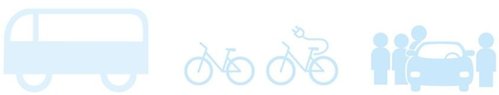 Illustrationer som symboliserar hållbara färdsätt, så som buss, cykel, elcykel och samåkning.