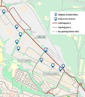 Karta med markerade busshållplatser på Västerslätts industriområde.