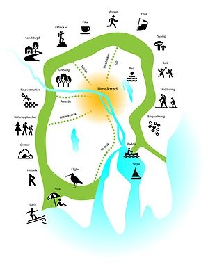 Illustration som visar kommunen med symboler för olika aktiviteter.