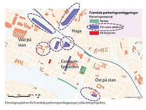 Kartillustration över centrala stan med markeringar för framtida parkeringsanläggningar.