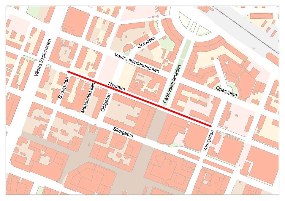 Karta som med rött streck visar den sträcka längs Nygatan som ska byggas om. Från Sveavägen i väster till Vasagatan i öster.
