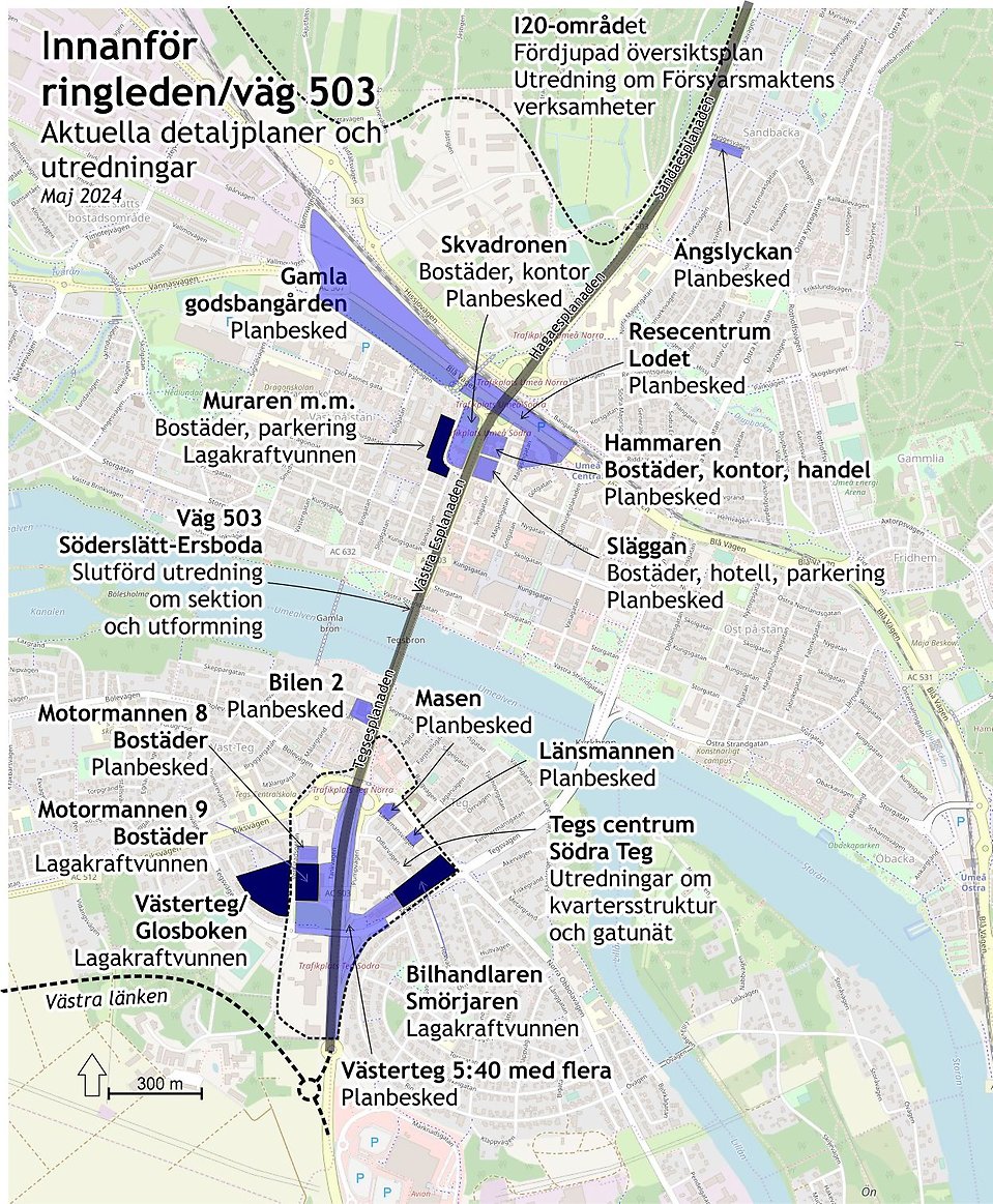 Karta som visar pågående detaljplanering markerat i lila