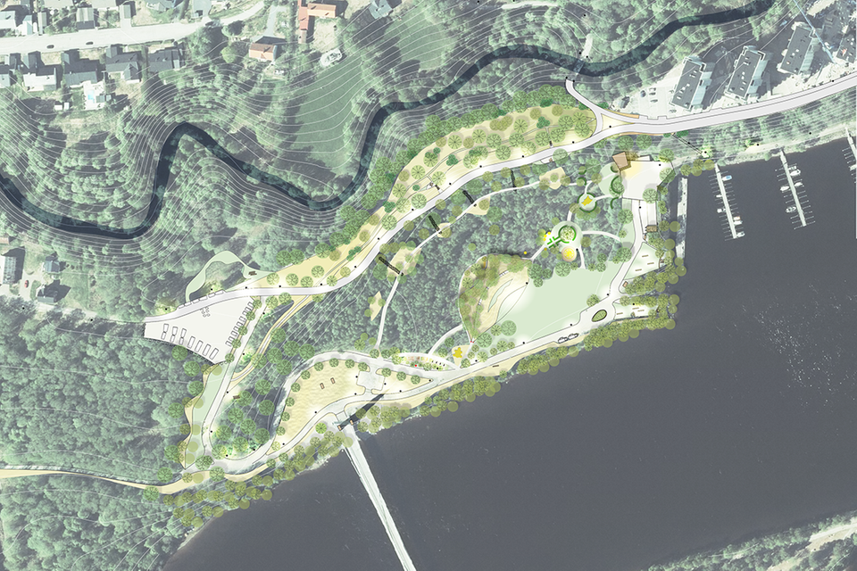 Flygfoto med ritning som visar området där parken vid Lundåkern byggs: träd, älv och små vägar syns.