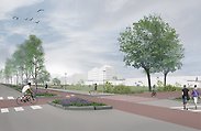 Illustration som visar möjlig ny park med en större grönyta, stor trottoar och cykelbana. 