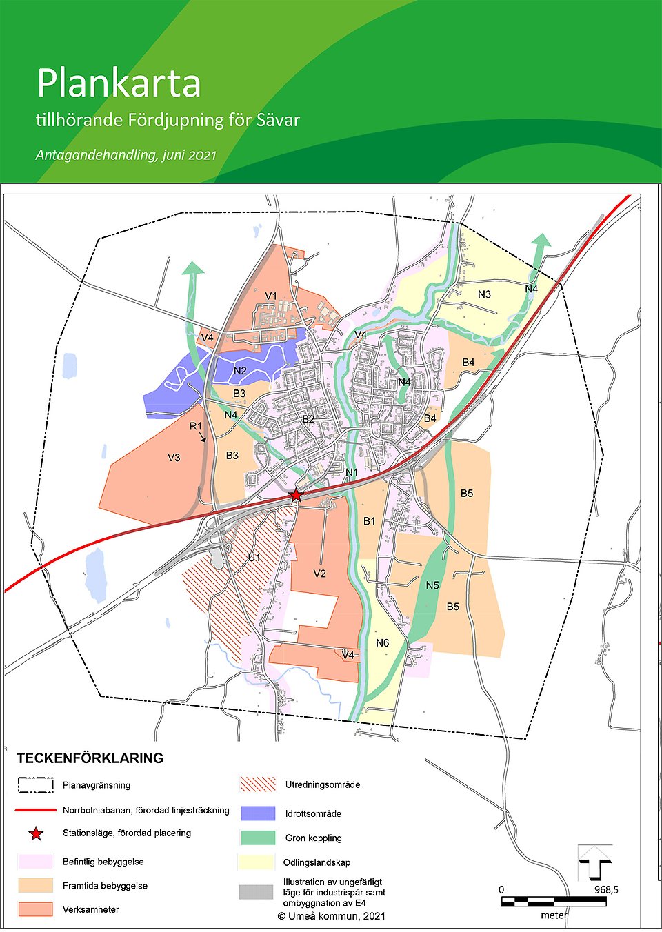 Plankarta tillhörande fördjupningen för Sävar. Områden för verksamheter och bostäder med mera är markerade. Järnvägens dragning och stationsläget finns med. 