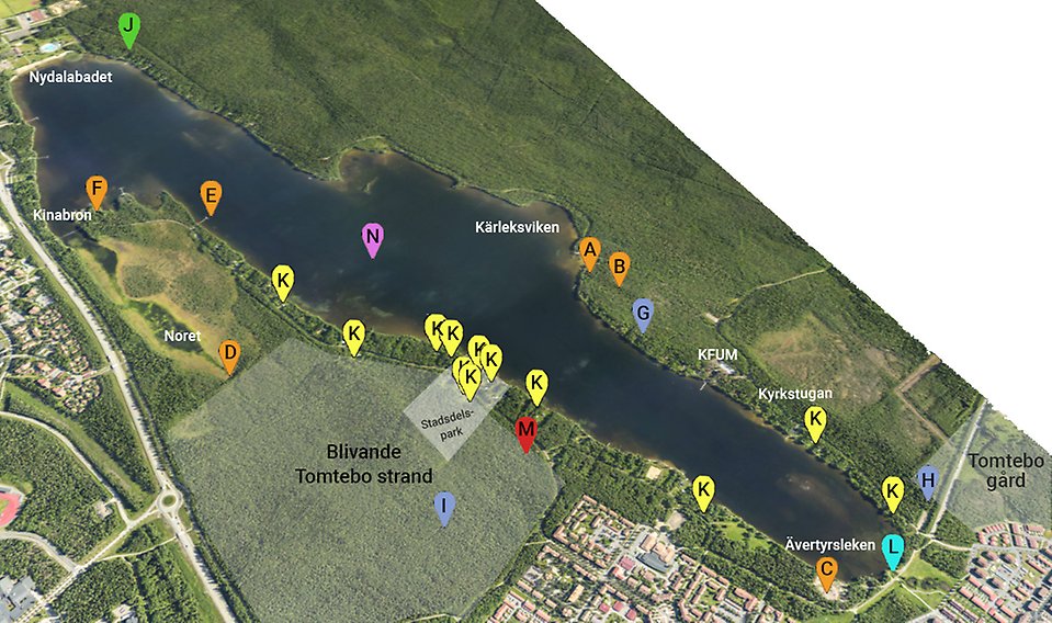 En flygbild över Nydalaområdet. På bilden har finns bokstäver som markerar platserna för de åtgärder man ska göra runt sjön 2021. All den informationen kommer i texten lite längre fram.