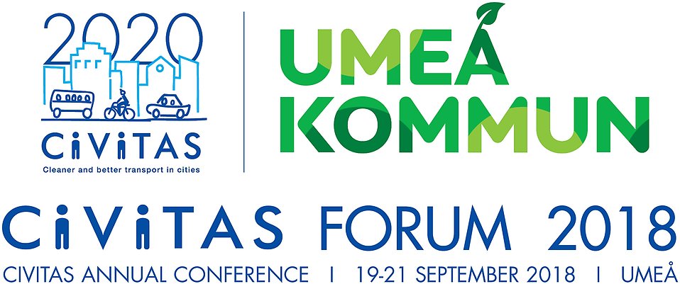 CIVITAS logotyp tillsammans med Umeå kommuns för CIVITAS Forum 2018, konferens i Umeå