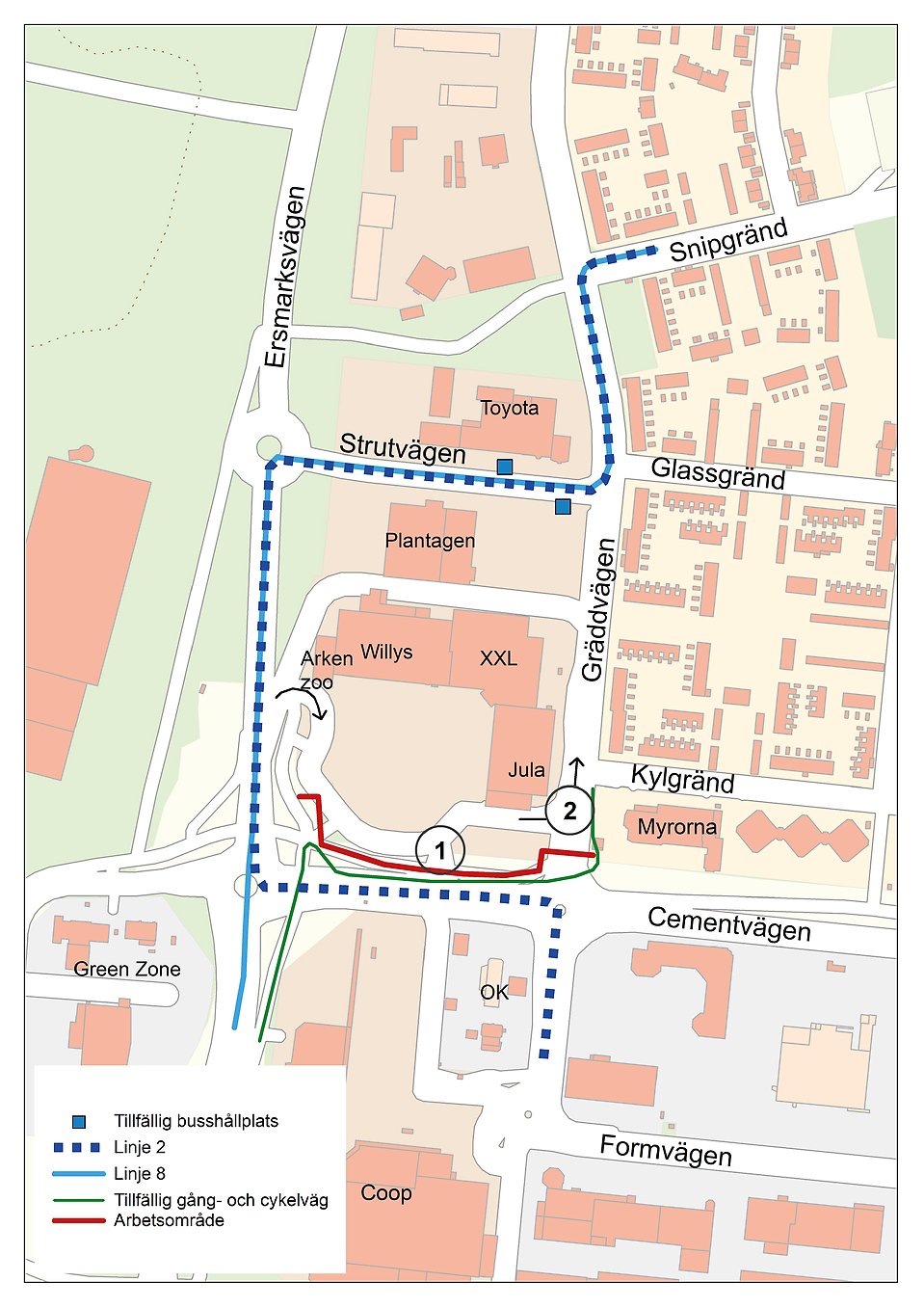 Karta som visar omledningarna på Ersboda.